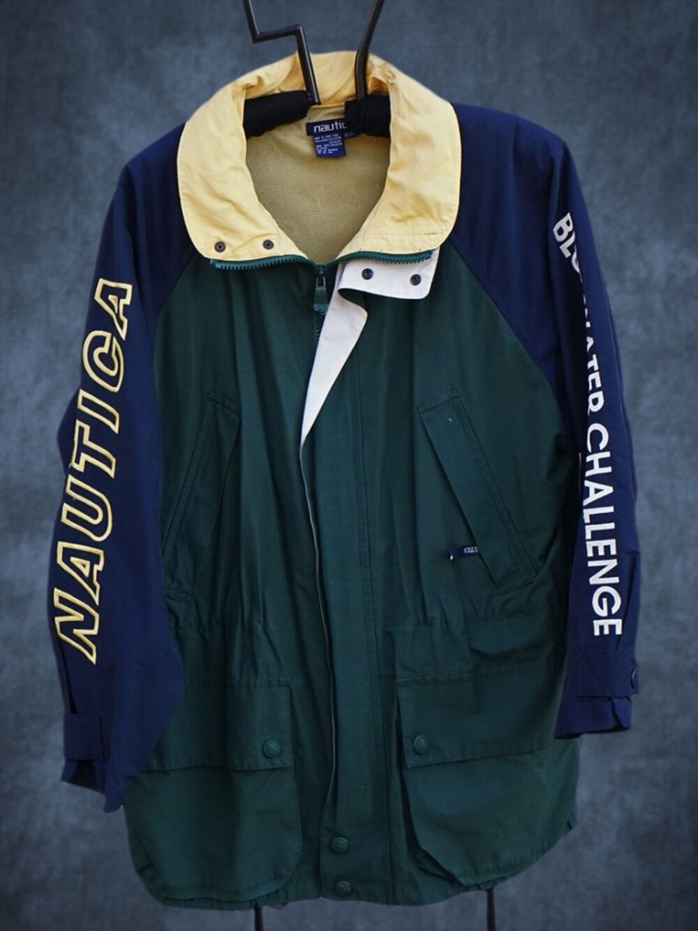 Vintage Nautica Jacket Mens XL TG Green Blue Blue Water Challenge Sail Hood 90s